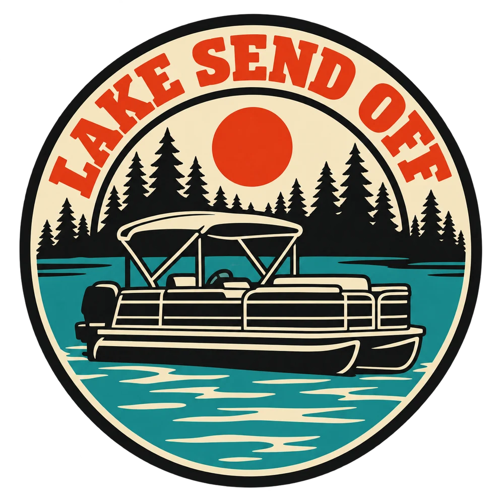 Round Lake Send Off patch with a pontoon boat and pines
