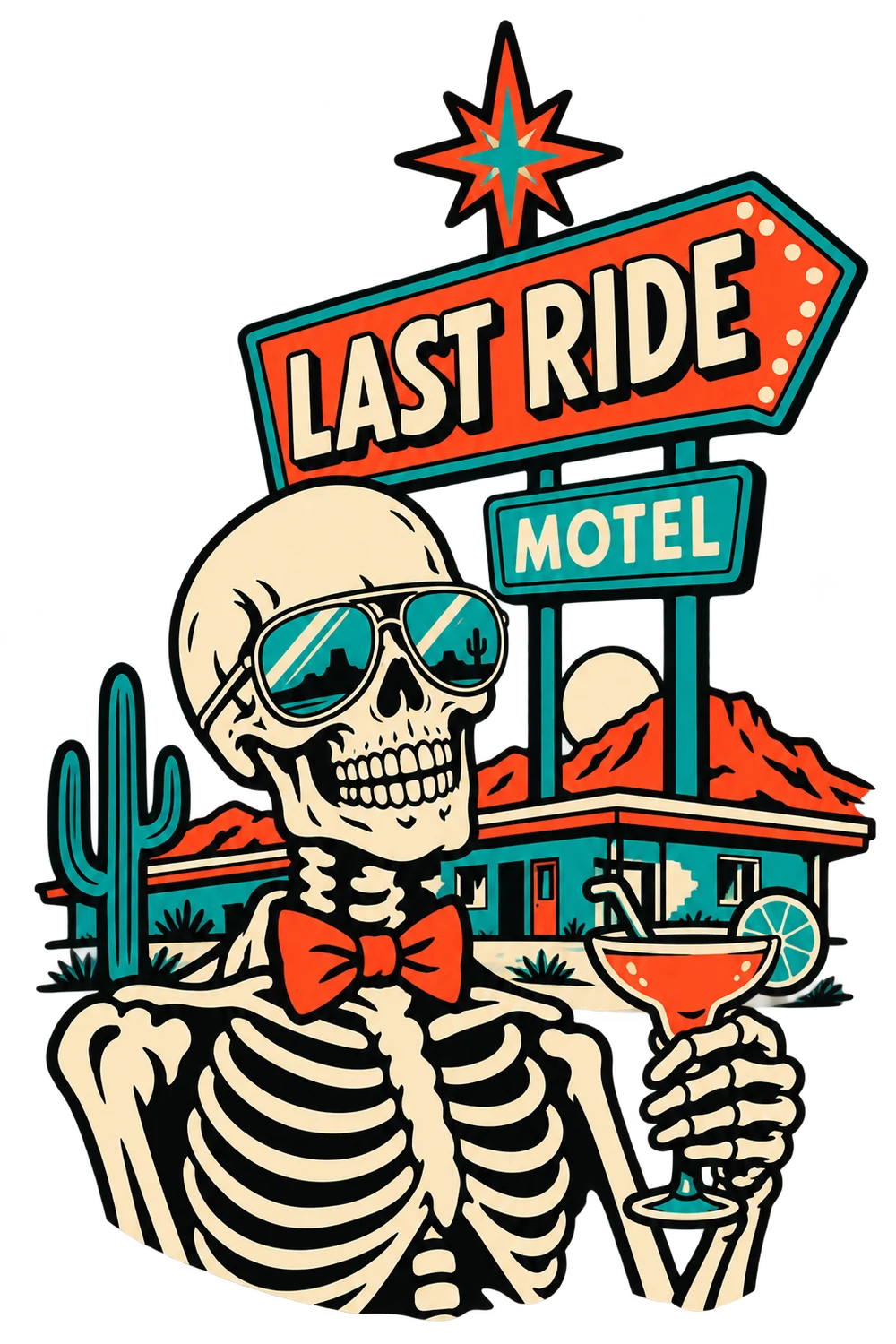 Skeleton in aviators with a cocktail under a Last Ride motel sign