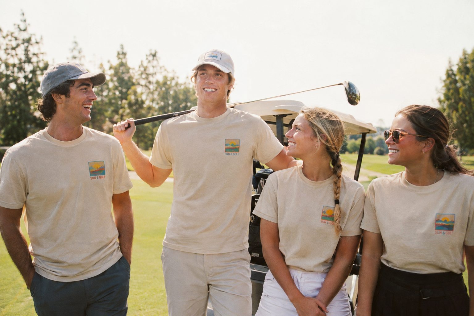 Four friends in matching sand shirts on a golf course next to a cart